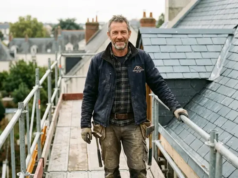 Le couvreur de GPM Couverture sur un échafaudage de chantier