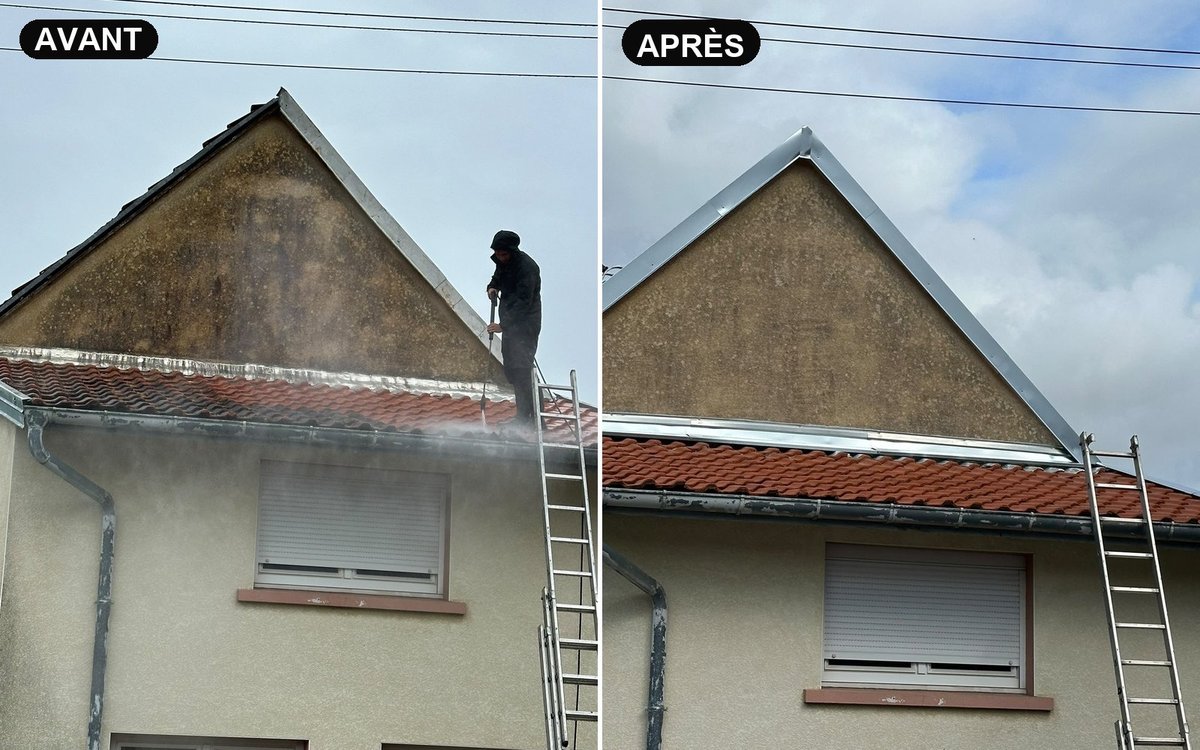 Nettoyage de façade et pose de rives en zinc — avant / après