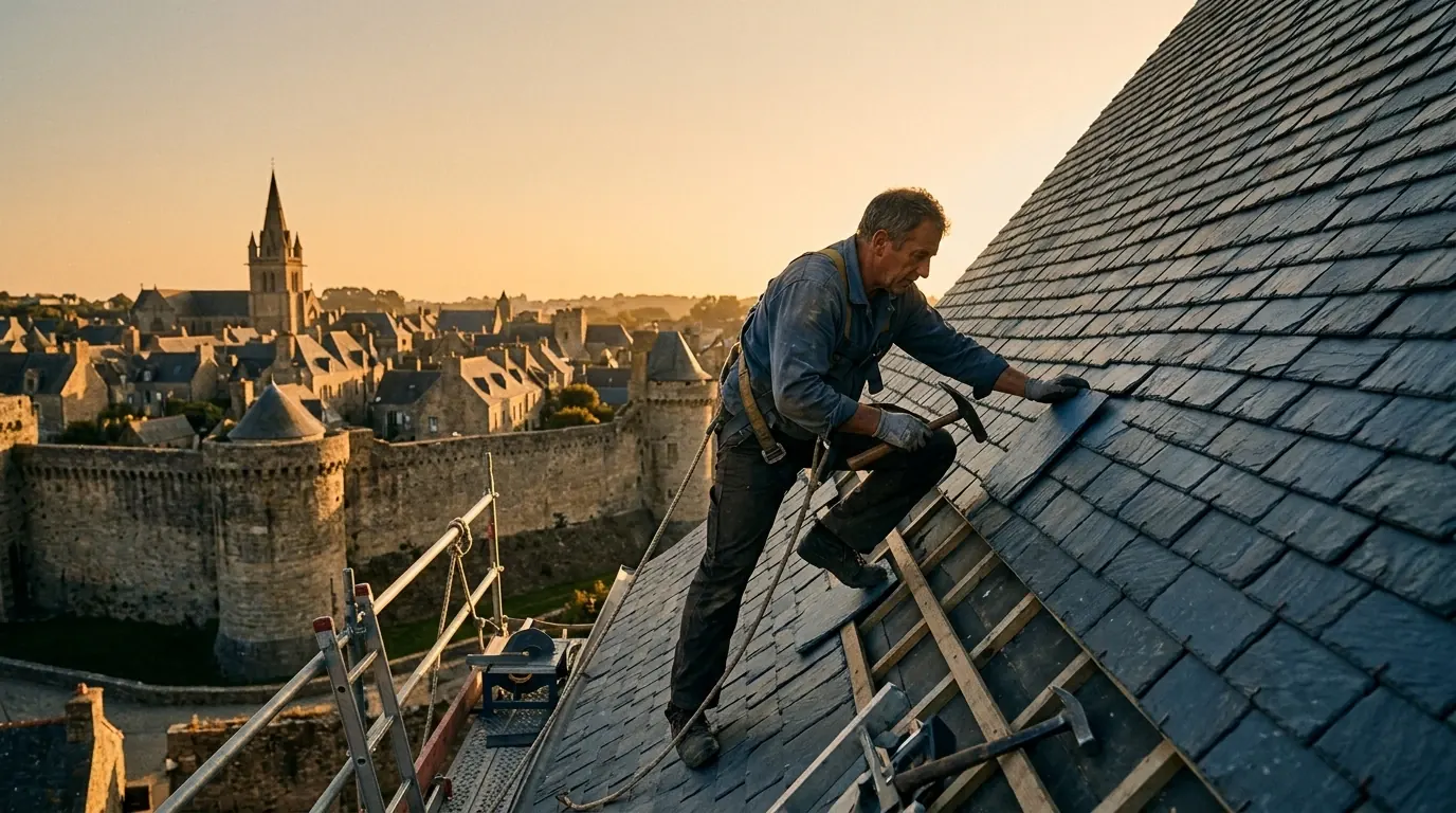 Couvreur au travail sur une toiture en ardoise